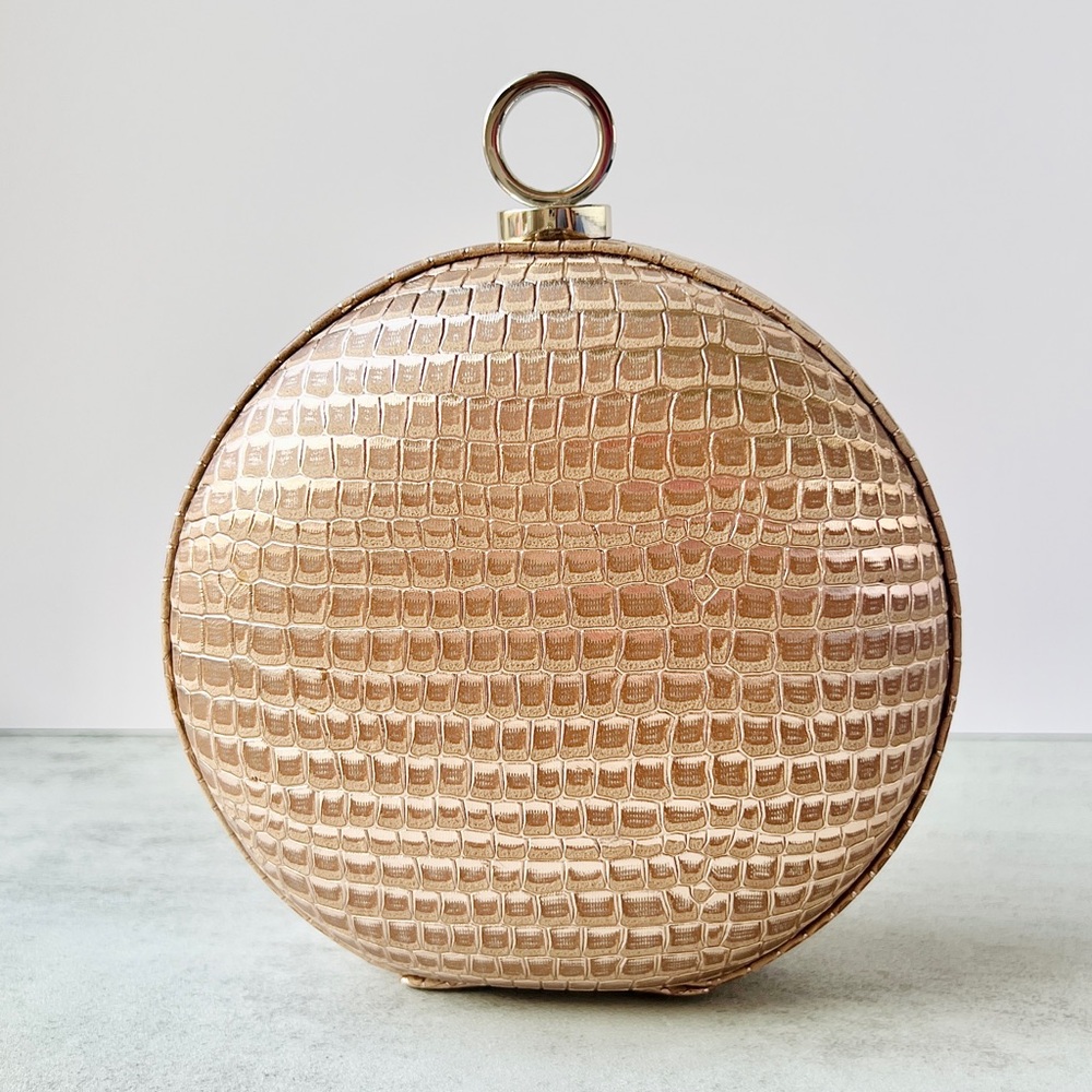 Halston Heritage Croc Embossed Round Metallic Clutch Bag Glam MSRP $225 NWT